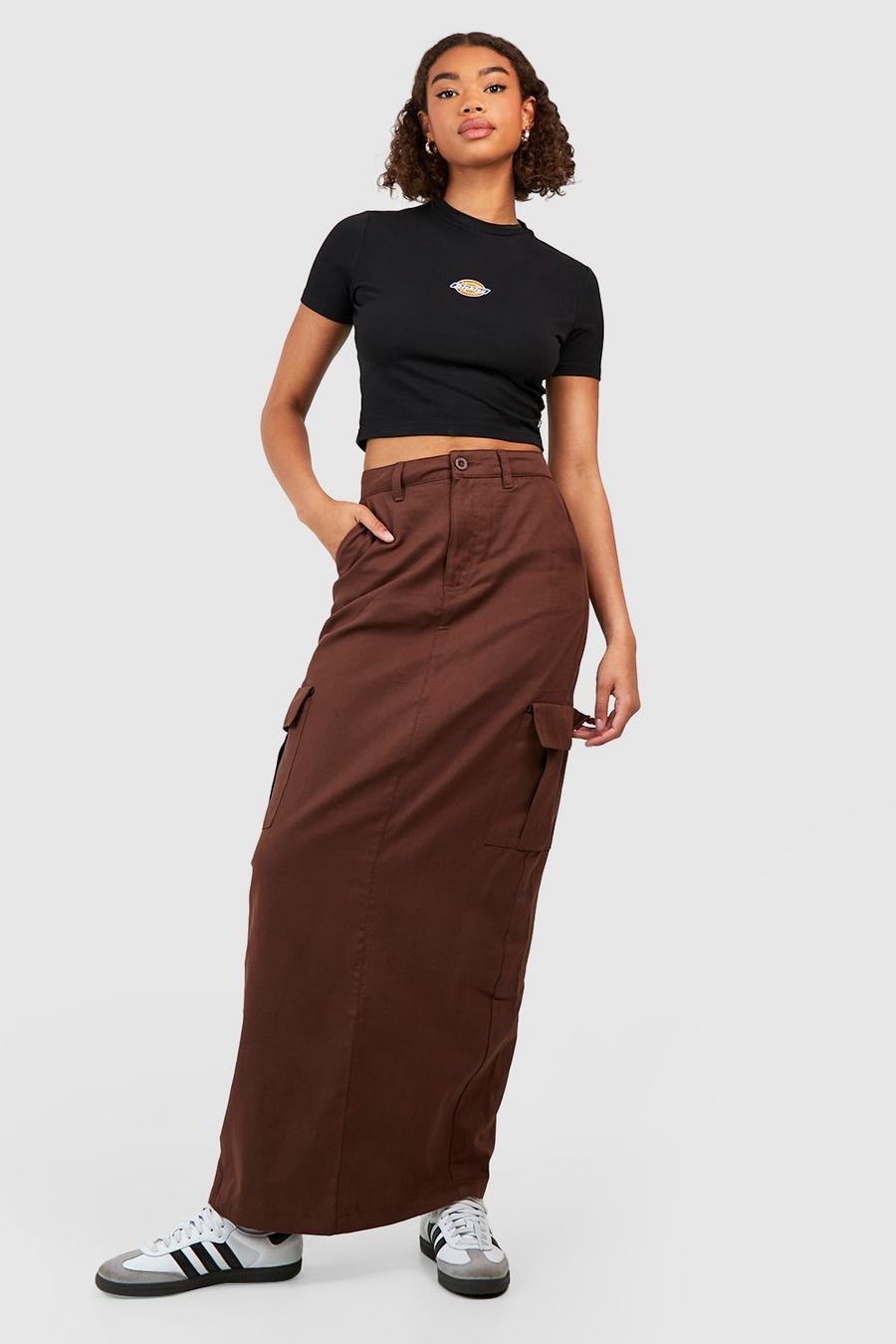 Chocolate Tall Keperstof Cargo Maxi Rok Met Hoge Taille image number 1