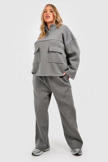 Plus Raw Edge Half Zip Straight Leg Tracksuit steel