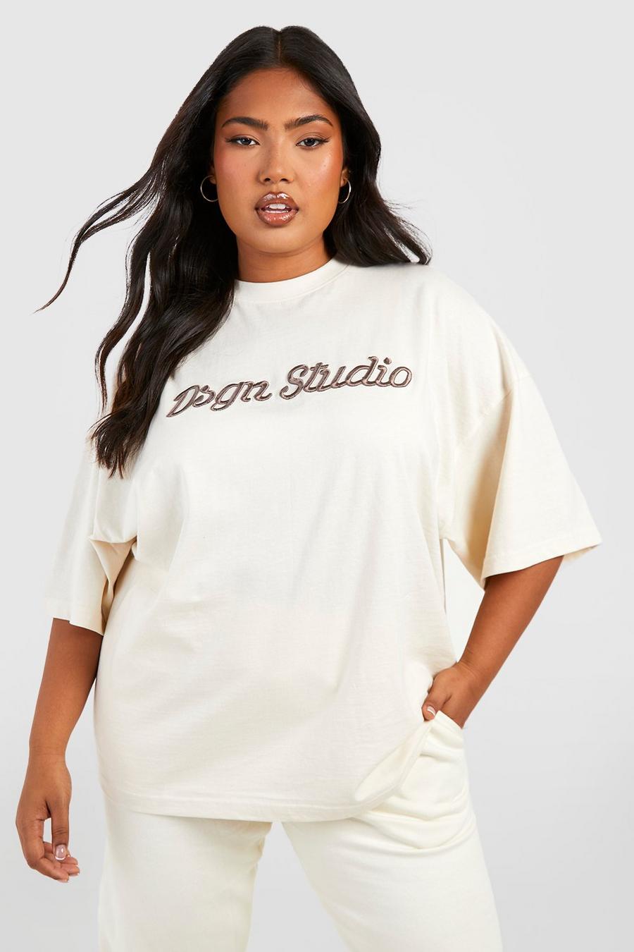 T-shirt Plus Size oversize con ricami in rilievo, Ecru image number 1