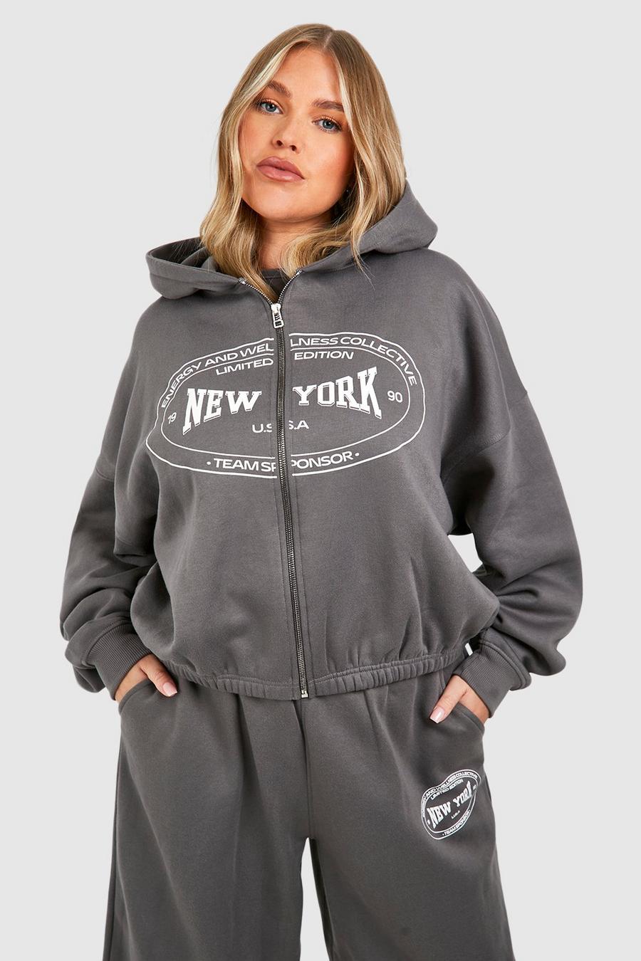 Grande taille - Sweat à capuche zippé à slogan New York, Charcoal image number 1