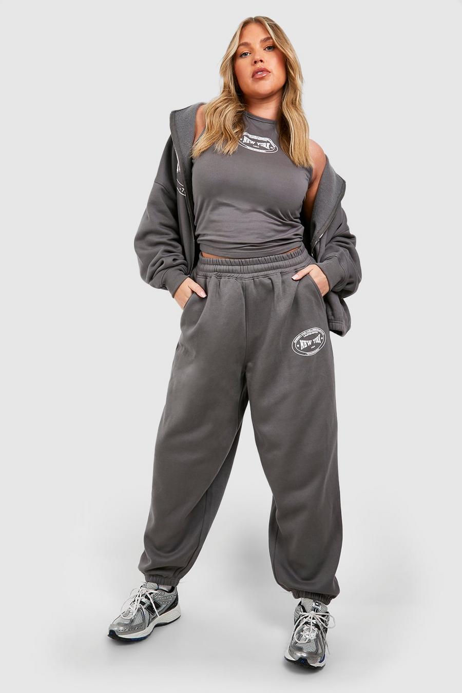 Pantalón deportivo Plus oversize con estampado de New York, Charcoal grigio