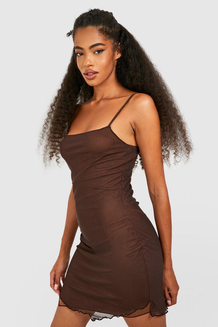 Brown Mesh Pointed Hem Mini Dress