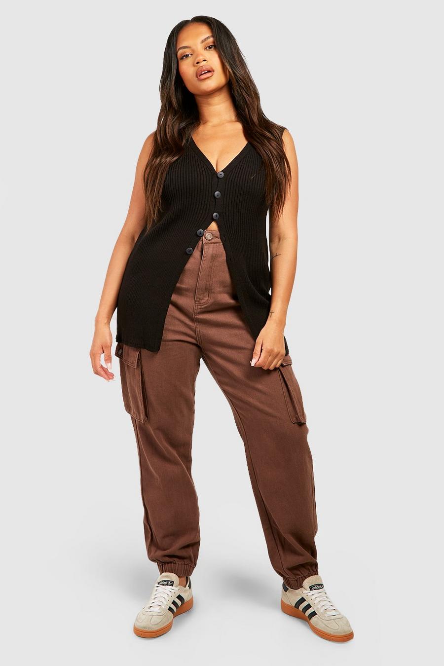 Pantaloni tuta Cargo Plus Size a vita alta in denim, Chocolate marrón