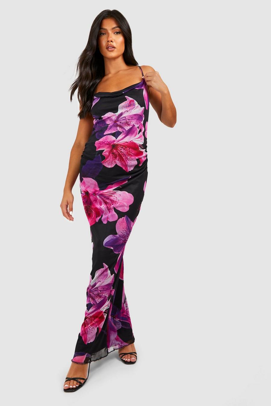 Vestido Premamá maxi de malla con escote plisado y estampado de flores, Black image number 1