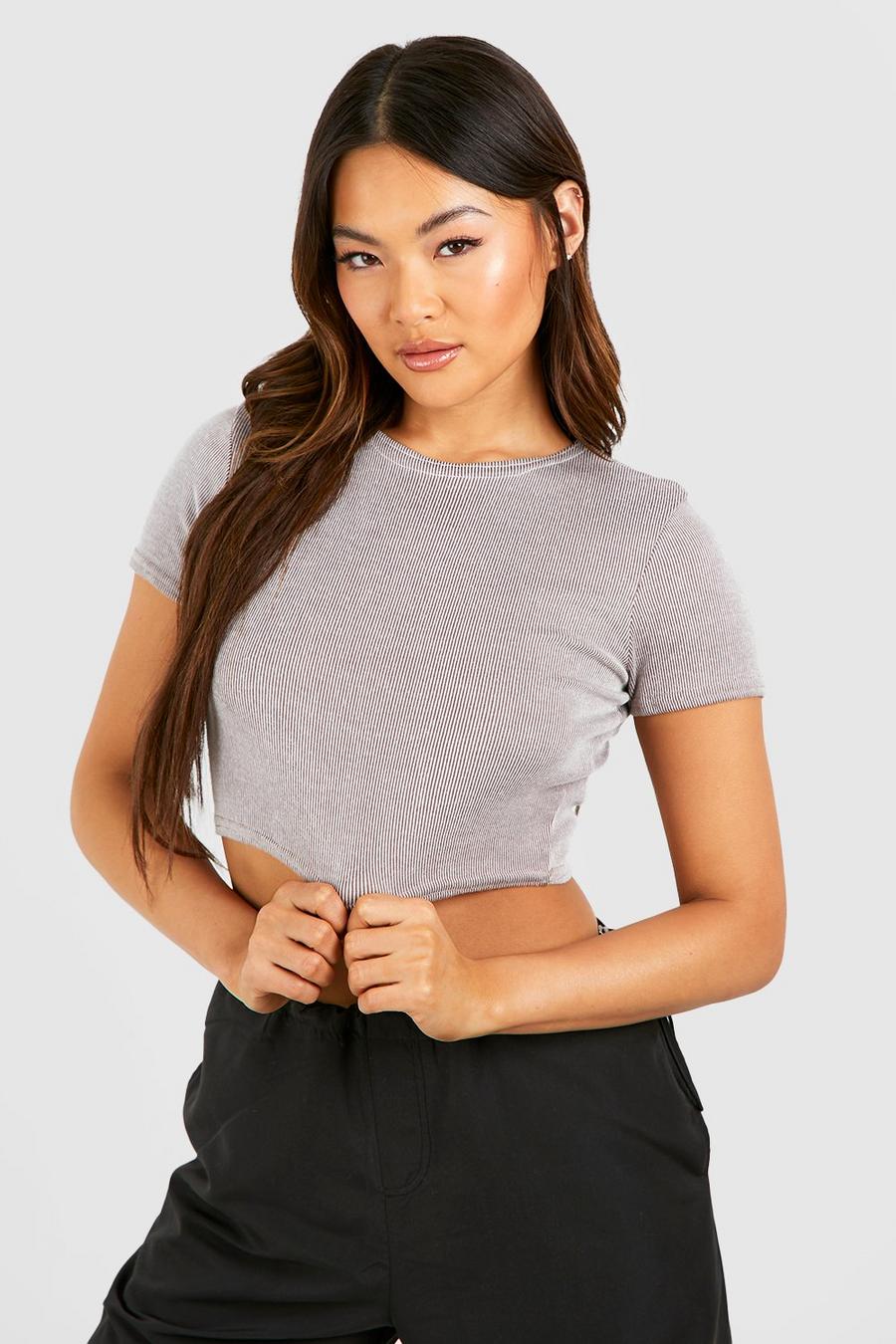 Crop top a maniche corte a righe, Taupe