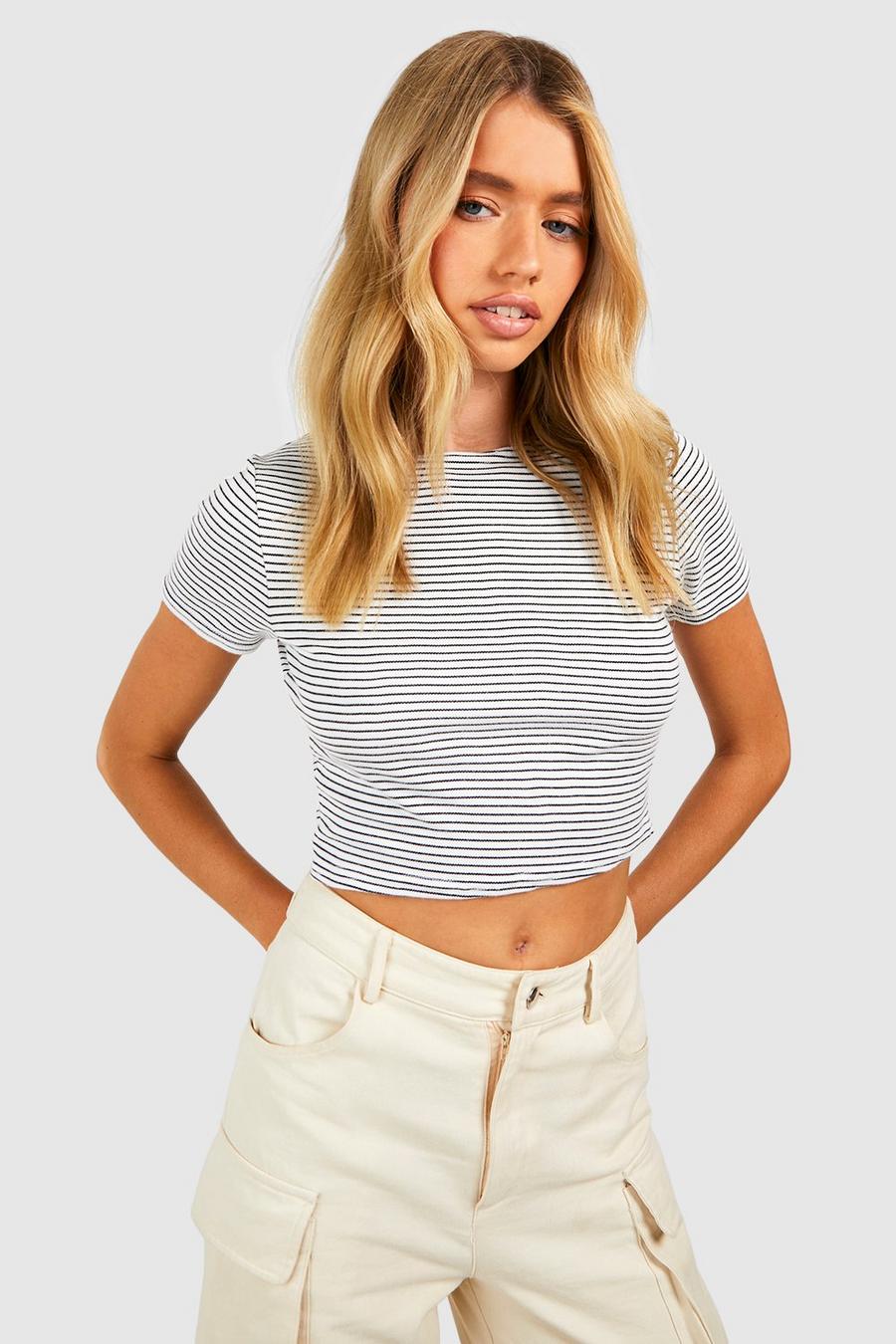 Crop top à rayures et manches courtes, Navy image number 1