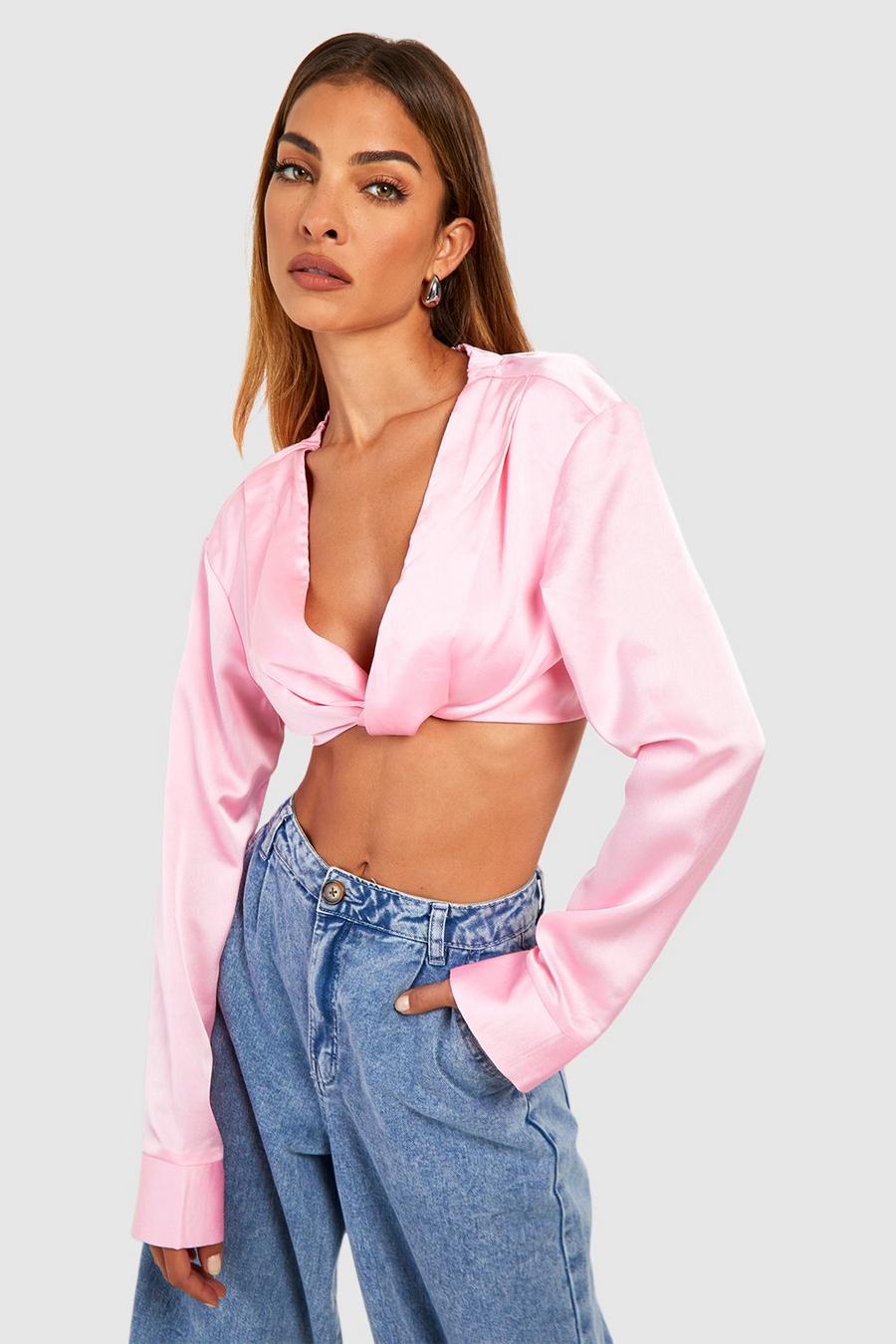 Baby pink Cropped Satin Twist Shirt image number 1