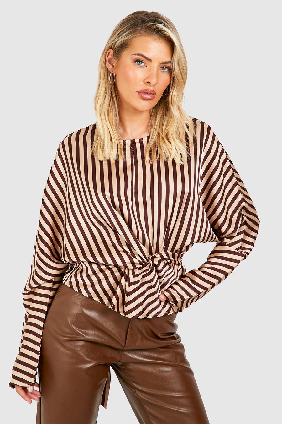 Chocolate brown Stripe Satin Tie Front Blouse