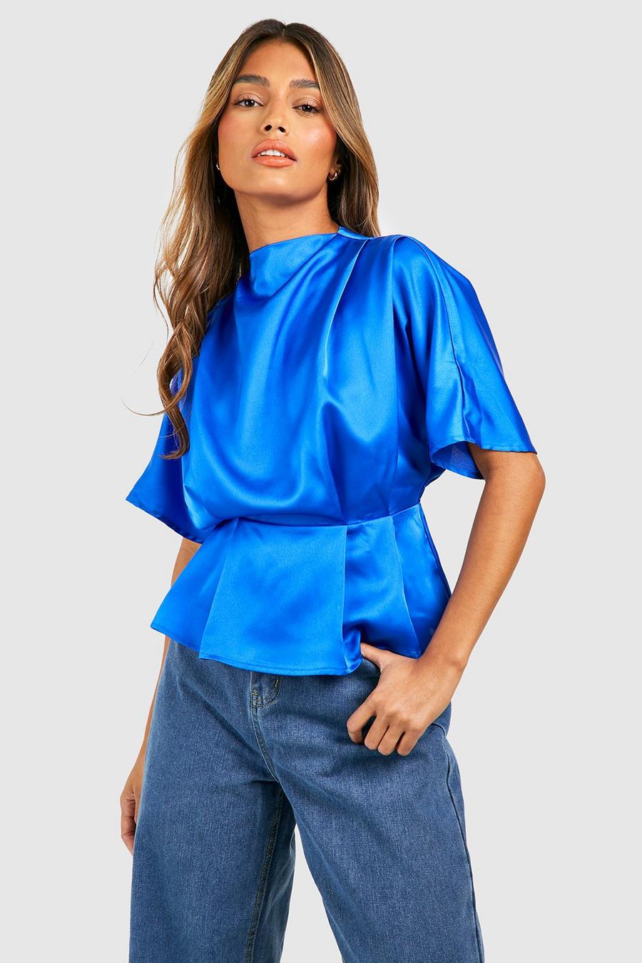 Navy Satin High Neck Cowl Blouse image number 1