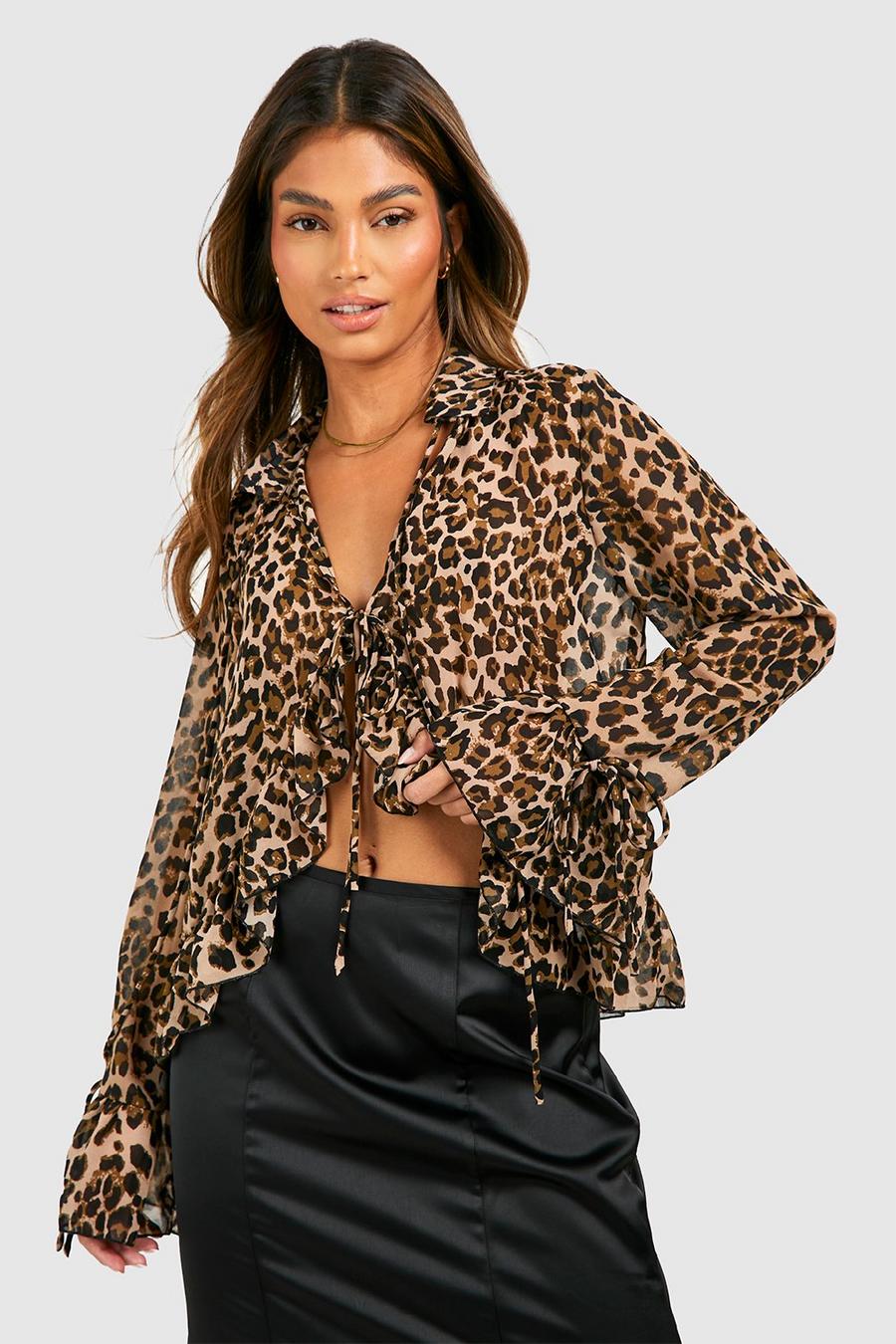 Chocolate brown Leopard Ruffle Detail Blouse image number 1