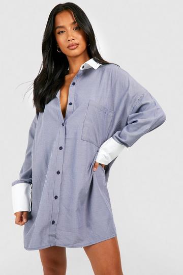 Petite Stripe Contrast Cuff And CollarShirt Dress blue