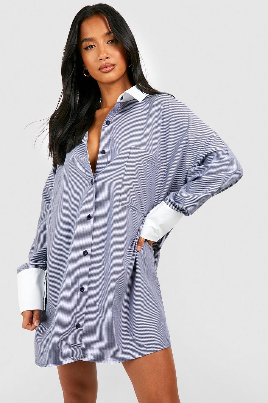 Blue Petite Stripe Contrast Cuff And CollarShirt Dress image number 1