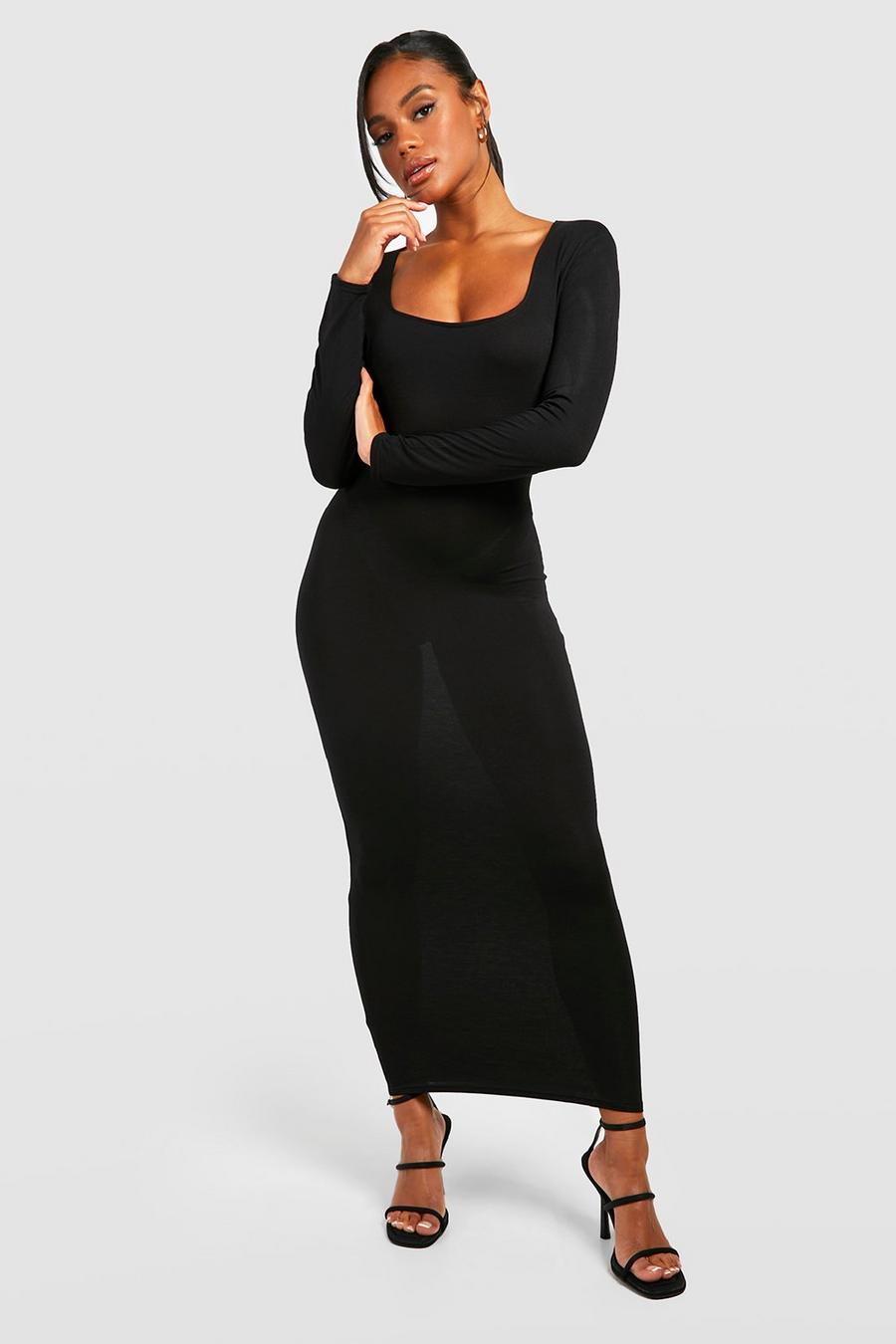 Black Long Sleeve Square Neck Midi Dress