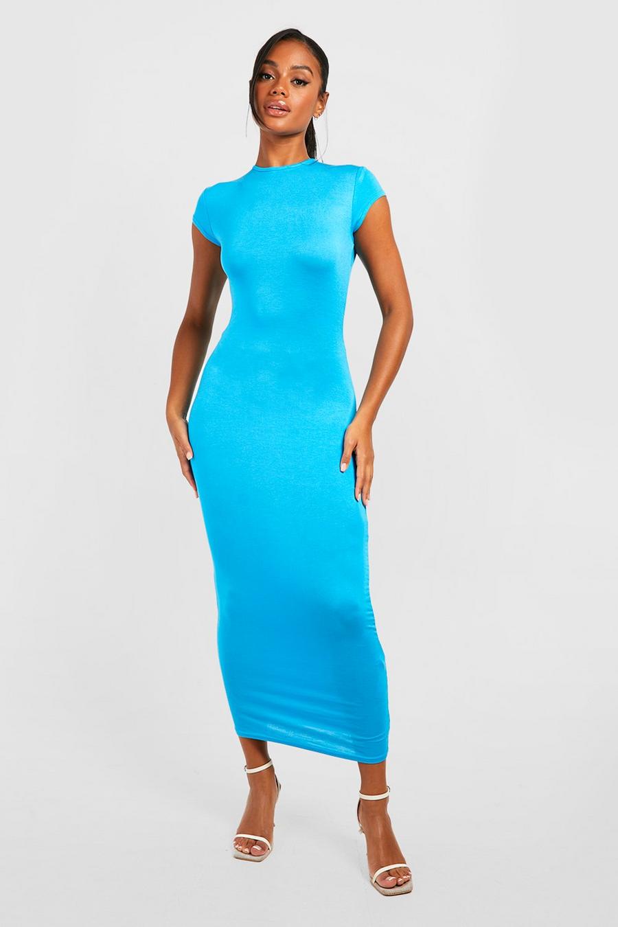 Blue Cap Sleeve Midi Dress