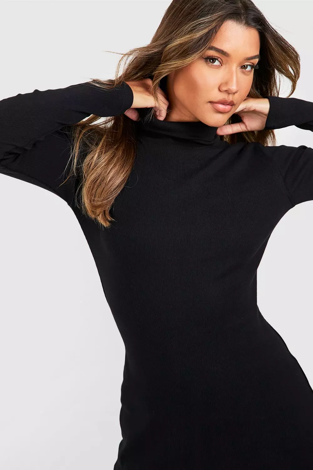Black Roll Neck Long Sleeve Midi Dress صورة بديلة