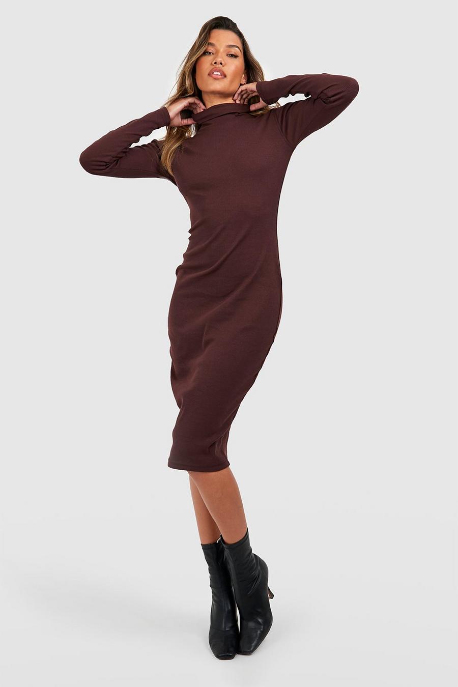 Chocolate Turtleneck Long Sleeve Midi Dress image number 1