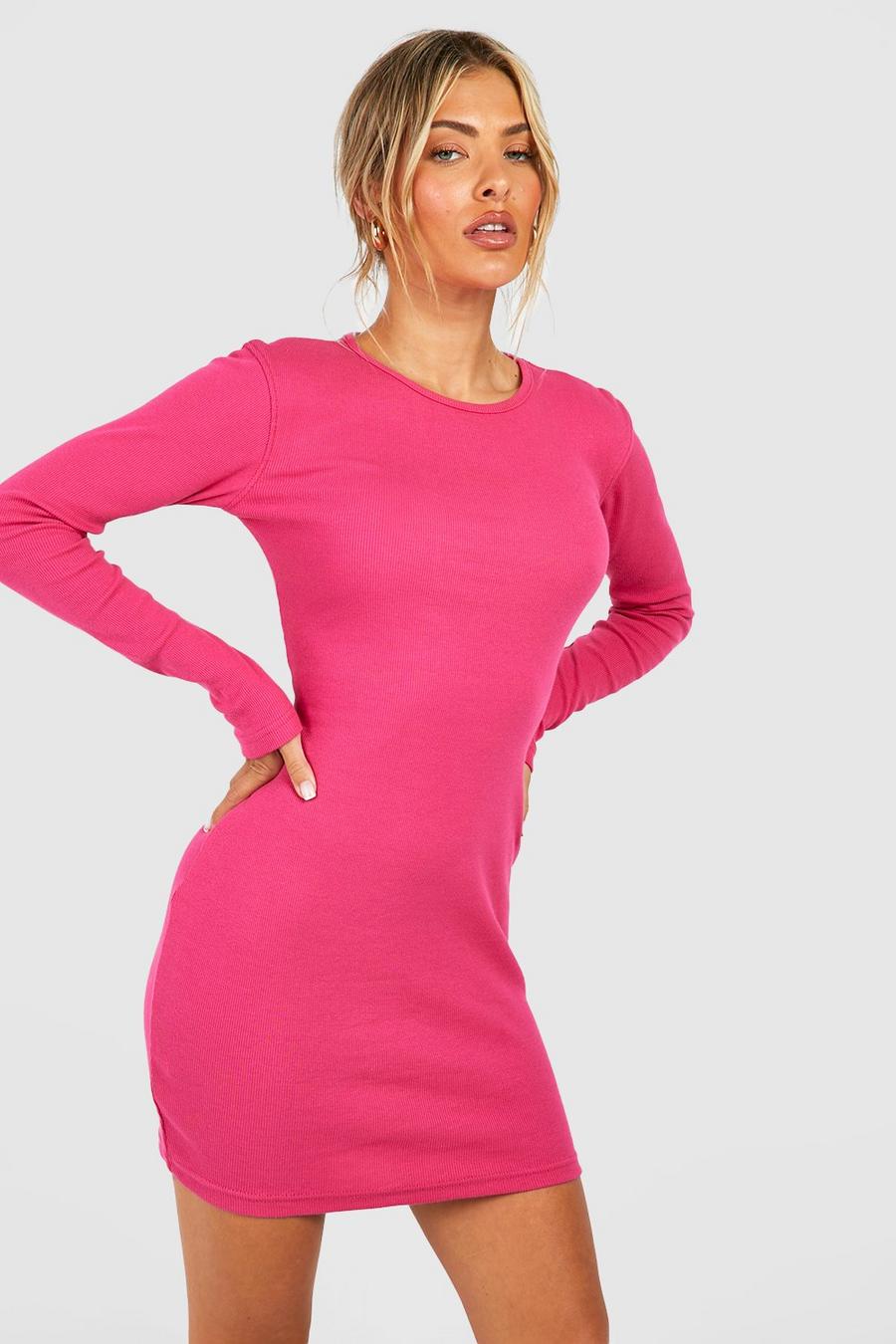 Langärmliges Basic Rundhals-Minikleid, Hot pink