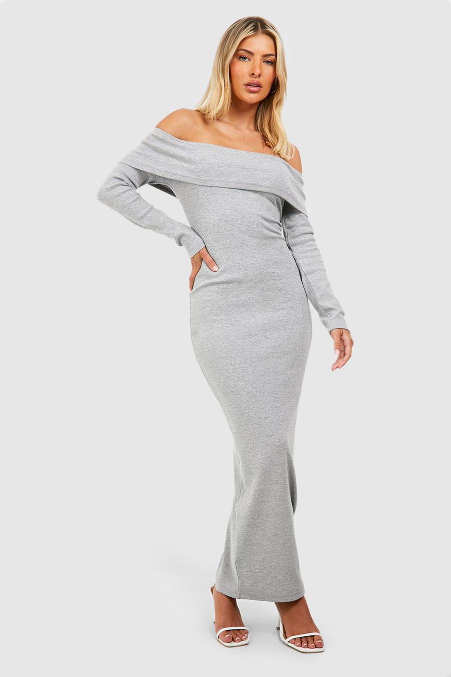 Vestito maxi Basic con scollo Bardot, Grey marl image number 1