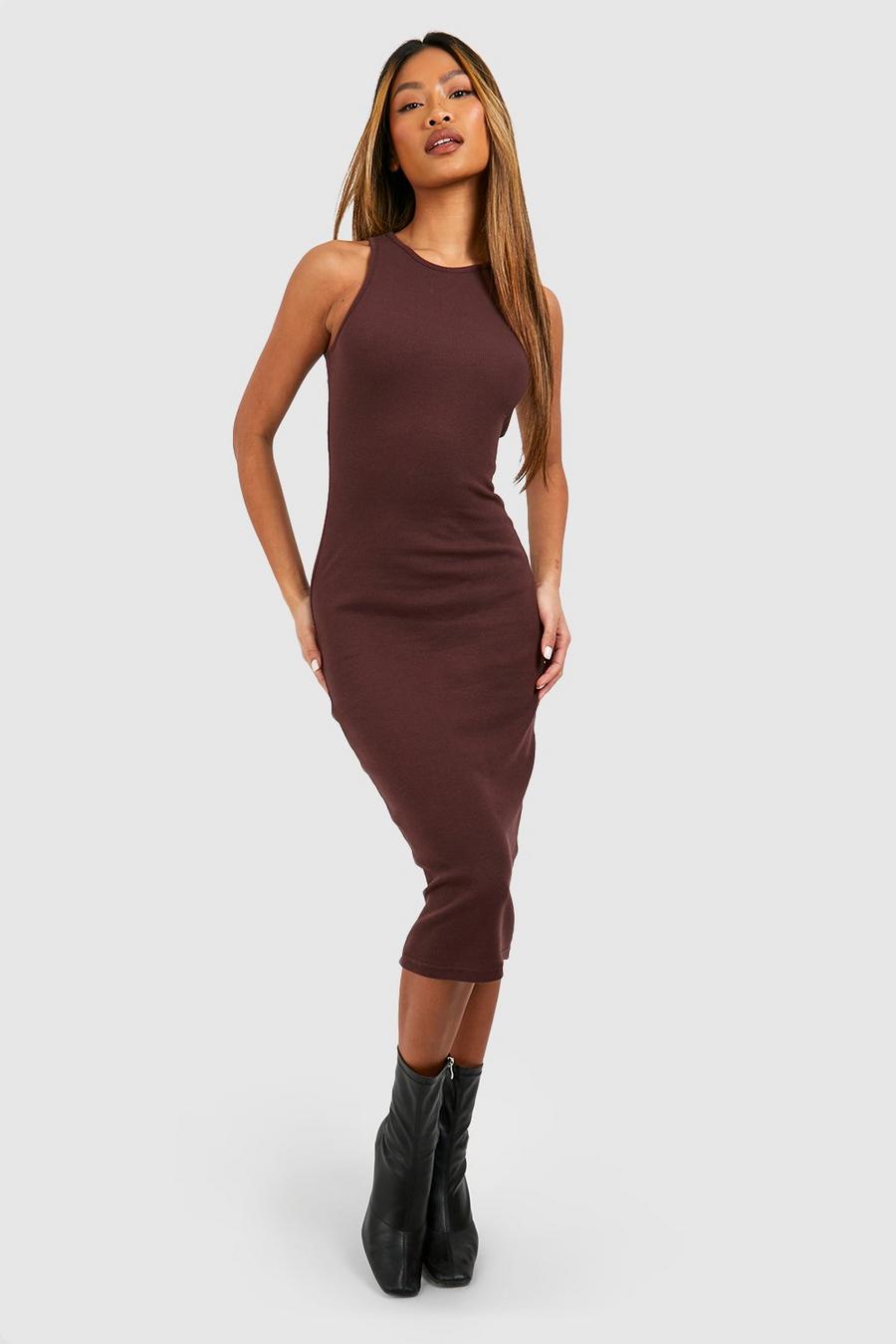 Vestito midi Basic con scollo a vogatore, Chocolate