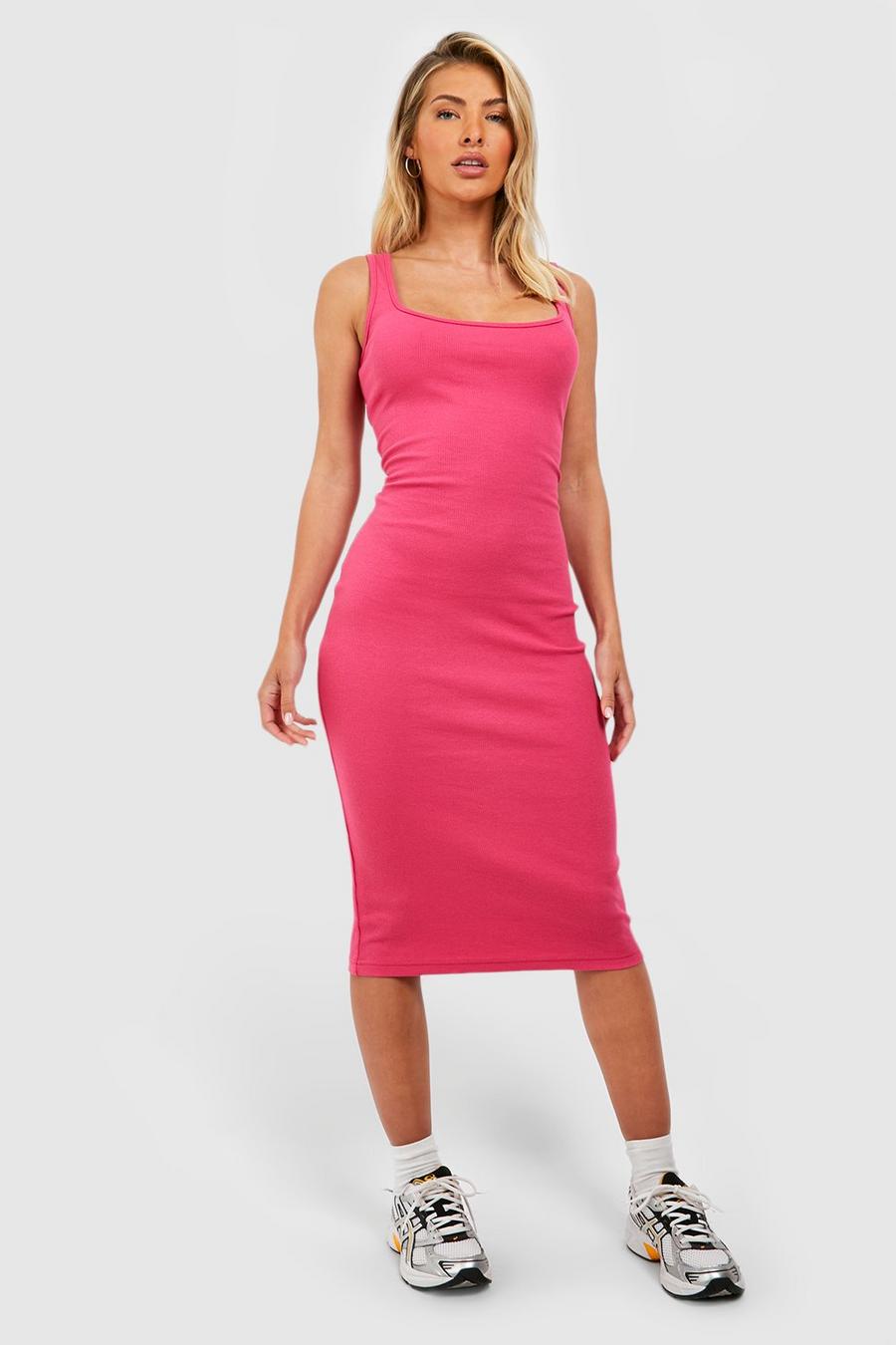 Hot pink Thick Strap Square Neck Bodycon Midi Dress image number 1