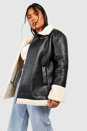 Plus Long Line Faux Fur Aviator Jacket black