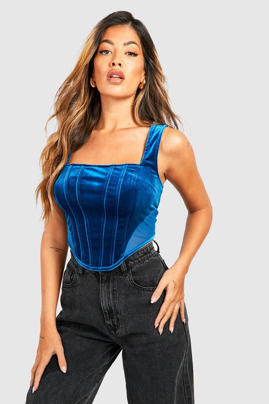 Top a corsetto in rete e velluto, Teal image number 1