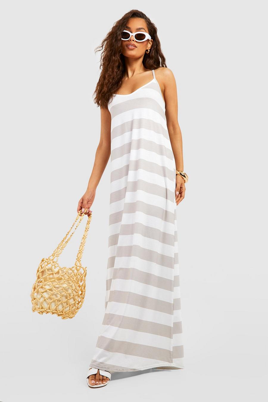 White Trapeze Strappy Stripe Maxi Dress