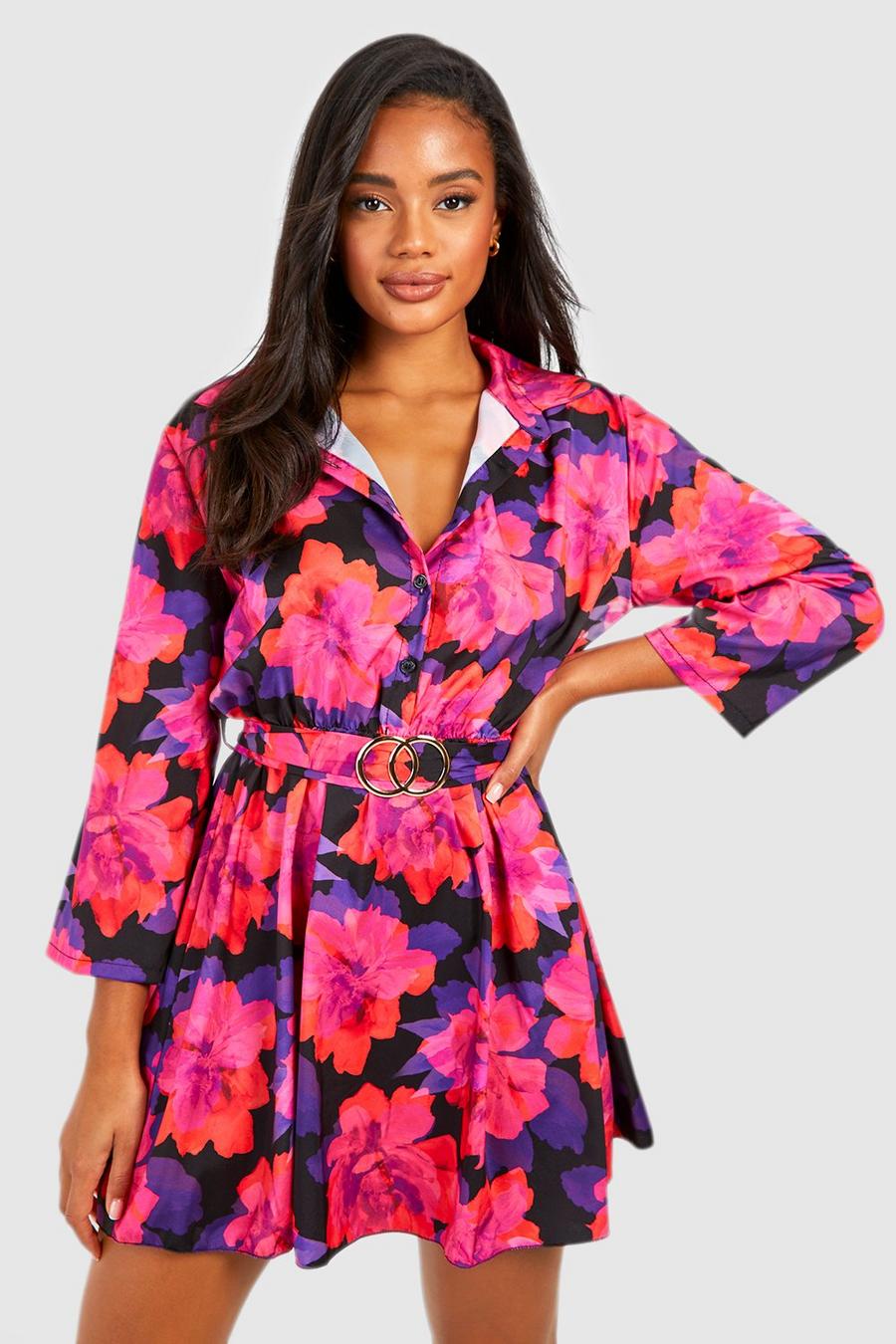 Purple Floral Print Belted Shirt Dress image number 1