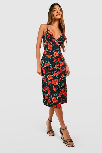 Red Rose Print Midi Slip Dress