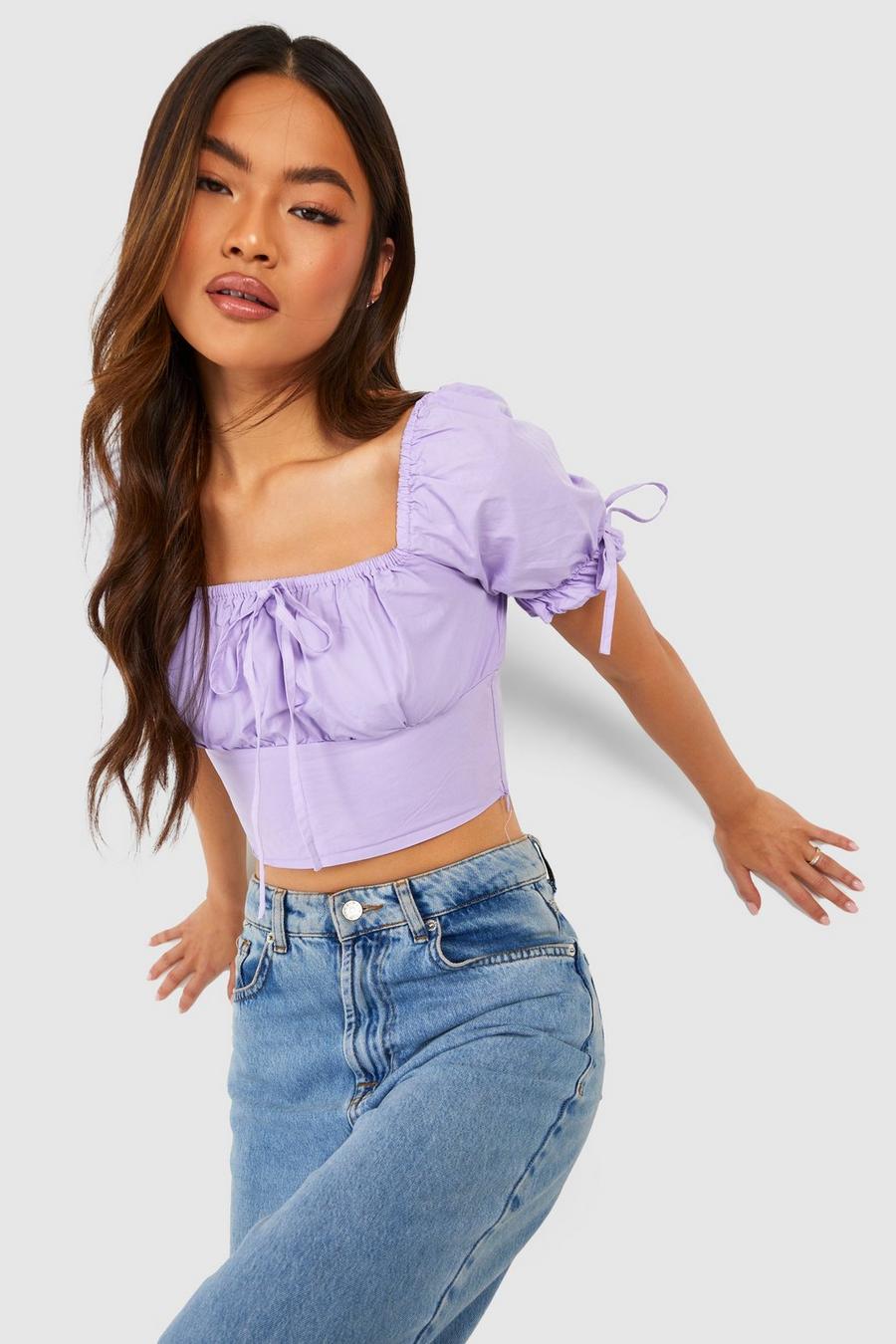 Lilac purple Woven Puff Sleeve Cotton Ruched Crop Top