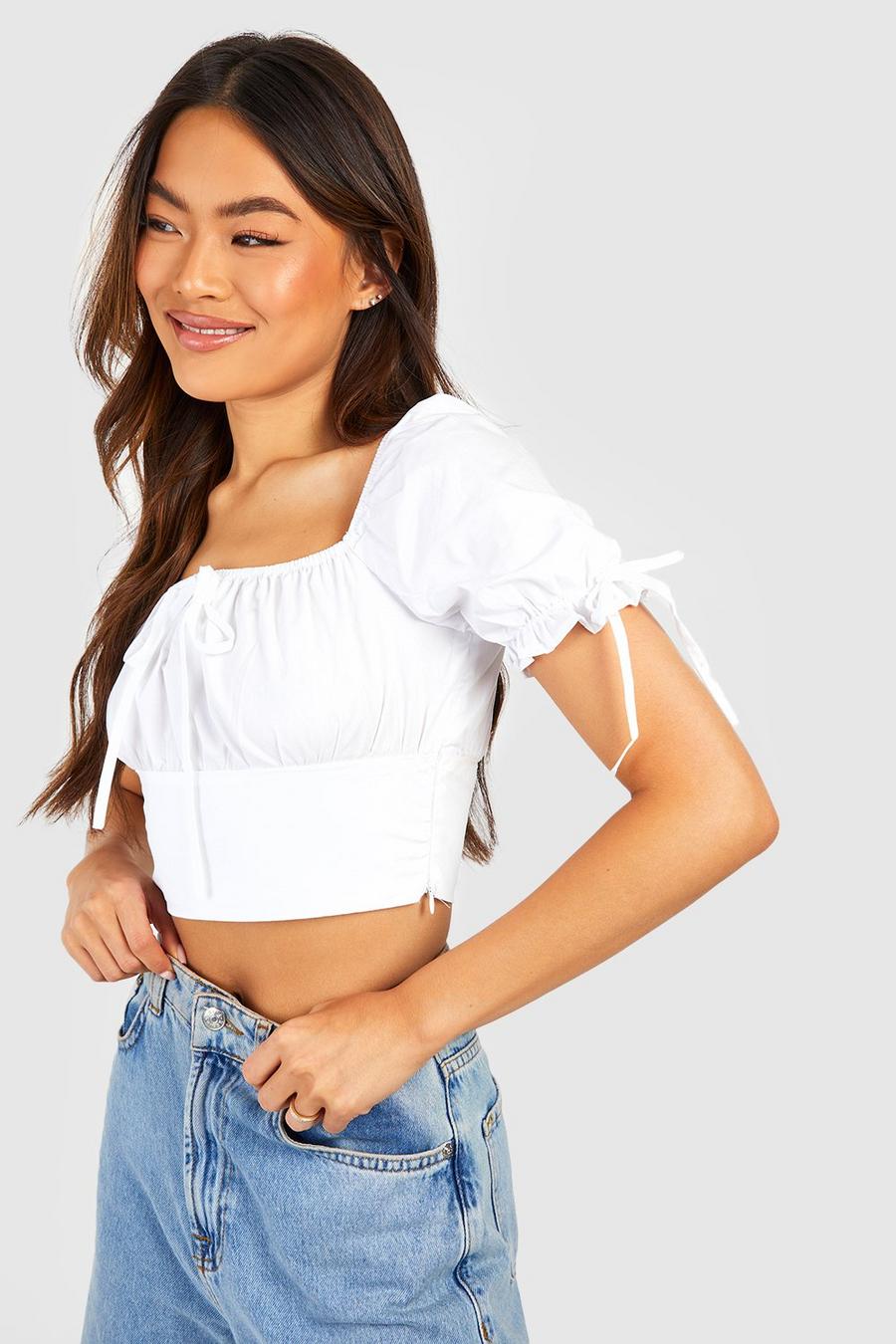 White Woven Puff Sleeve Cotton Ruched Crop Top