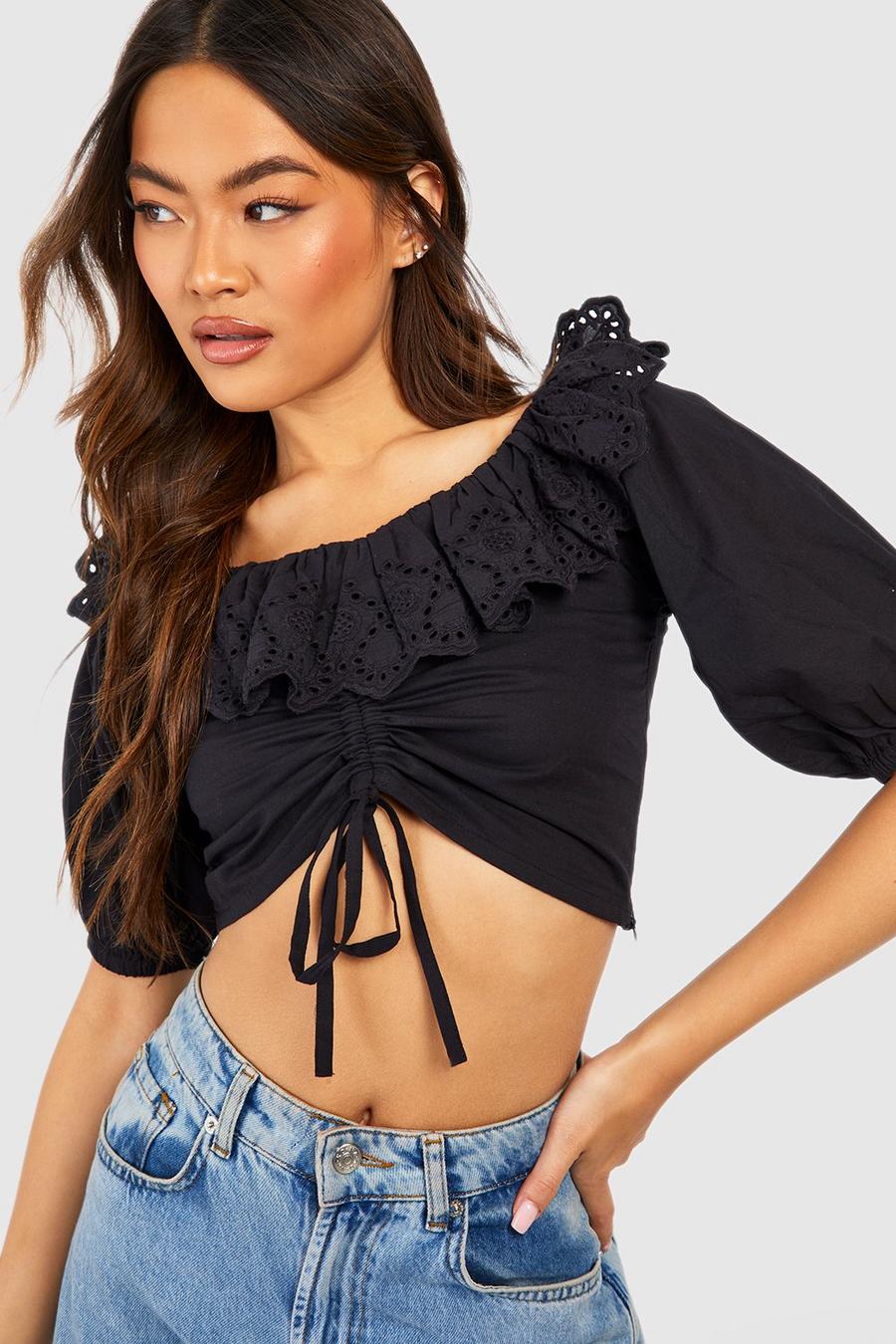 Crop top in pizzo sangallo con maniche a sbuffo, Black image number 1