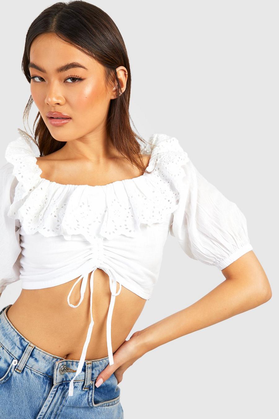 White Woven Broderie Puff Sleeve Crop Top