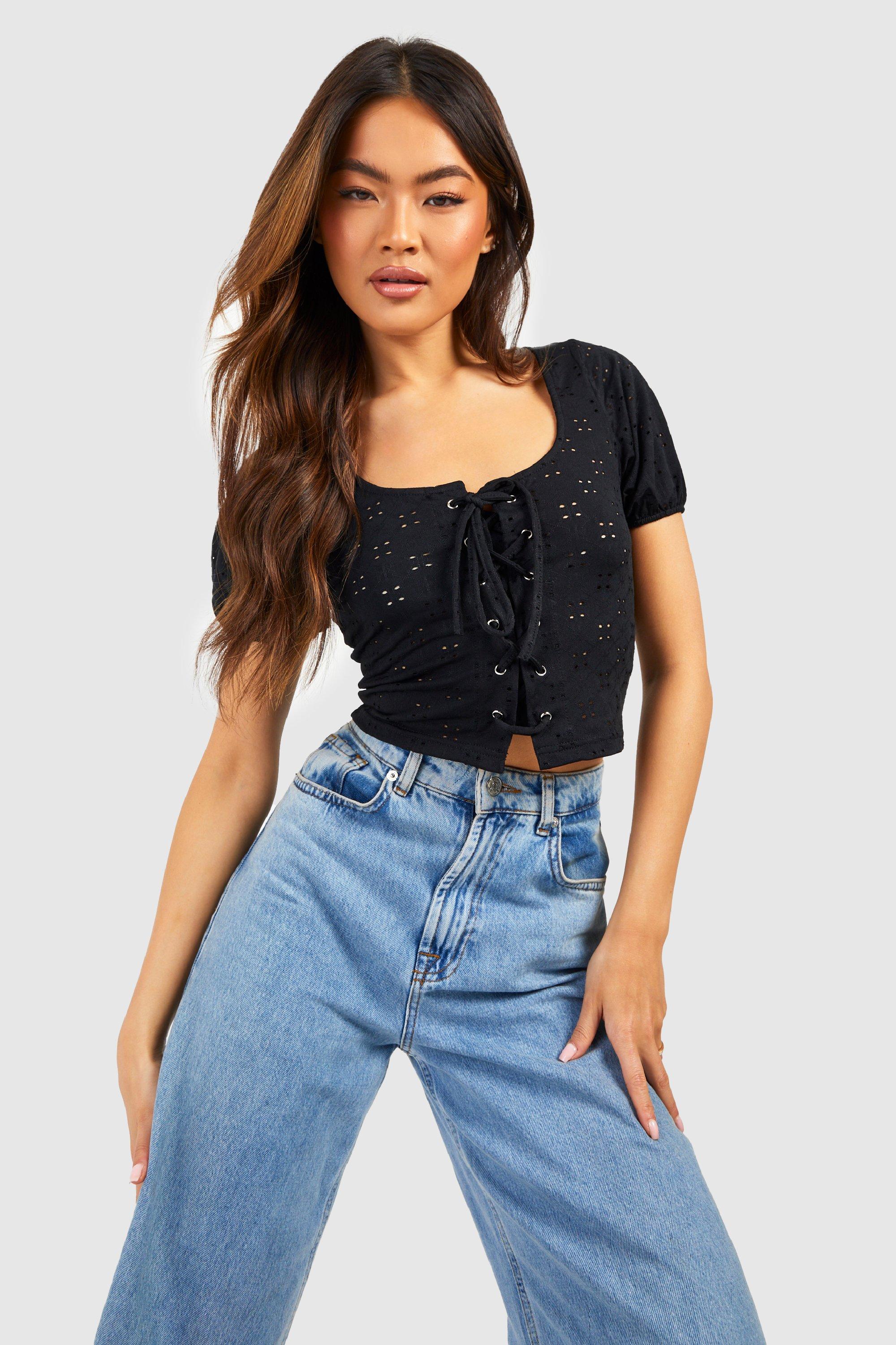 Eyelet lace up sleeve cheap crop sweatshirt