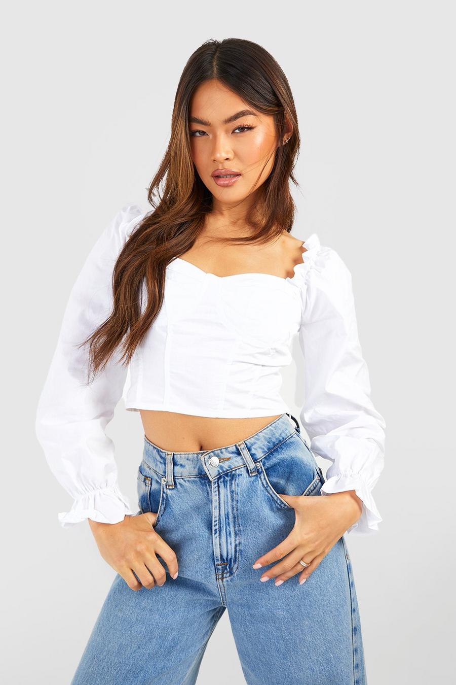 White Woven Puff Long Sleeve Crop Top image number 1