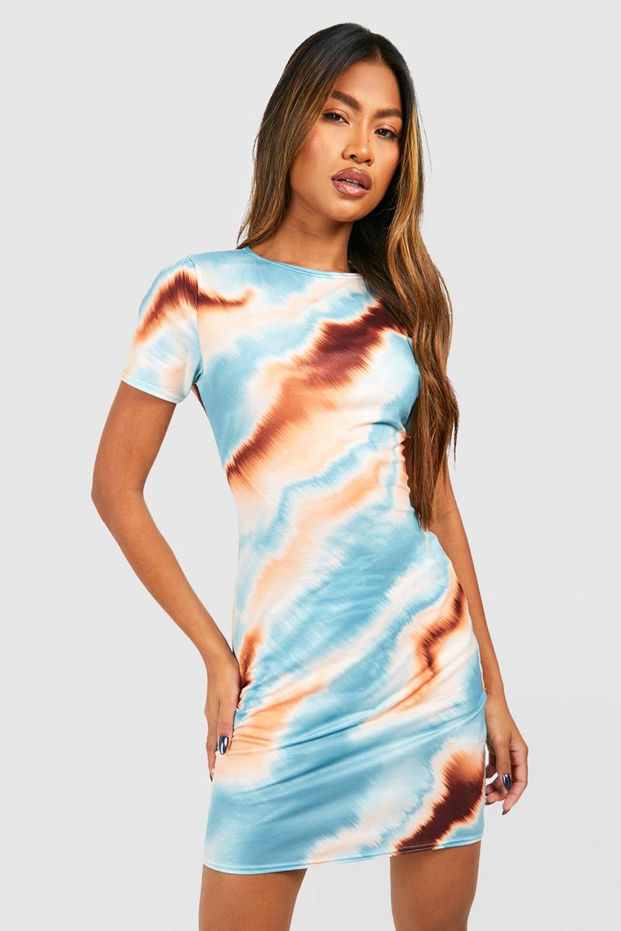 Blue Abstract Cap Sleeve Mini Dress