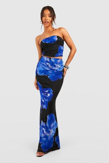 Petite Bold Floral Mesh Maxi Skirt blue