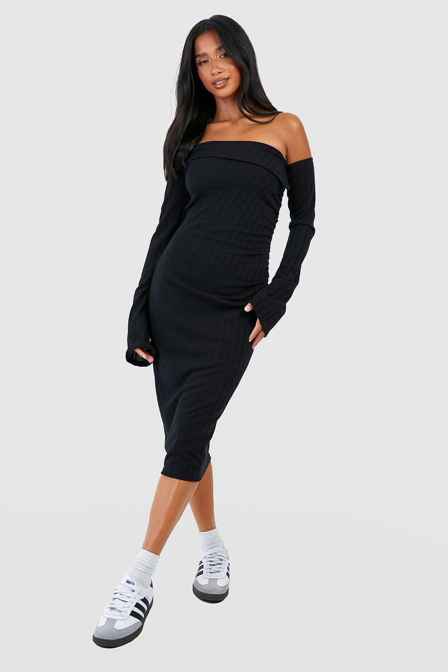 Black Petite Asymmetric Bardot Rib Midi Dress image number 1