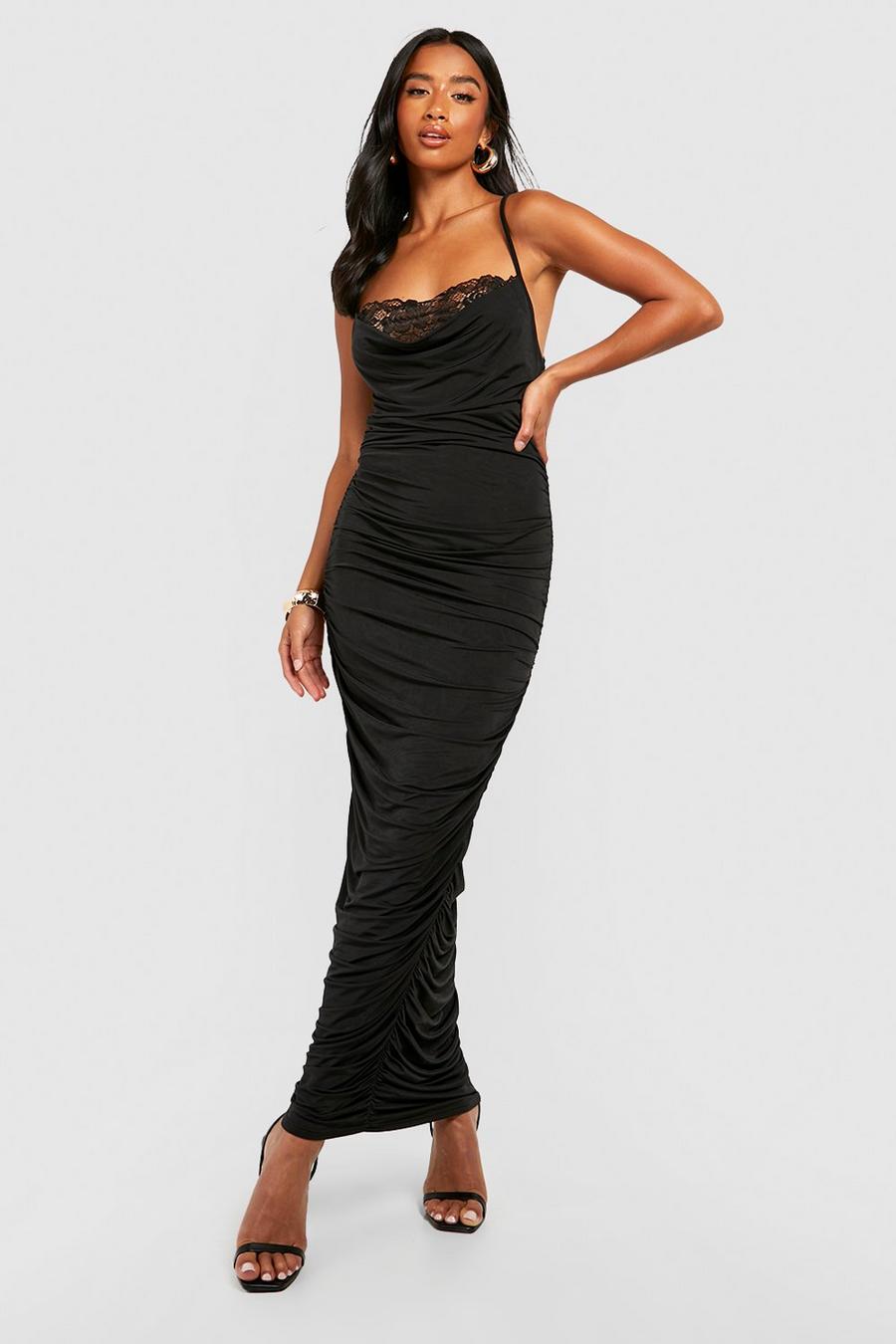 Black svart Petite Lace Trim Cowl Front Midaxi Dress 