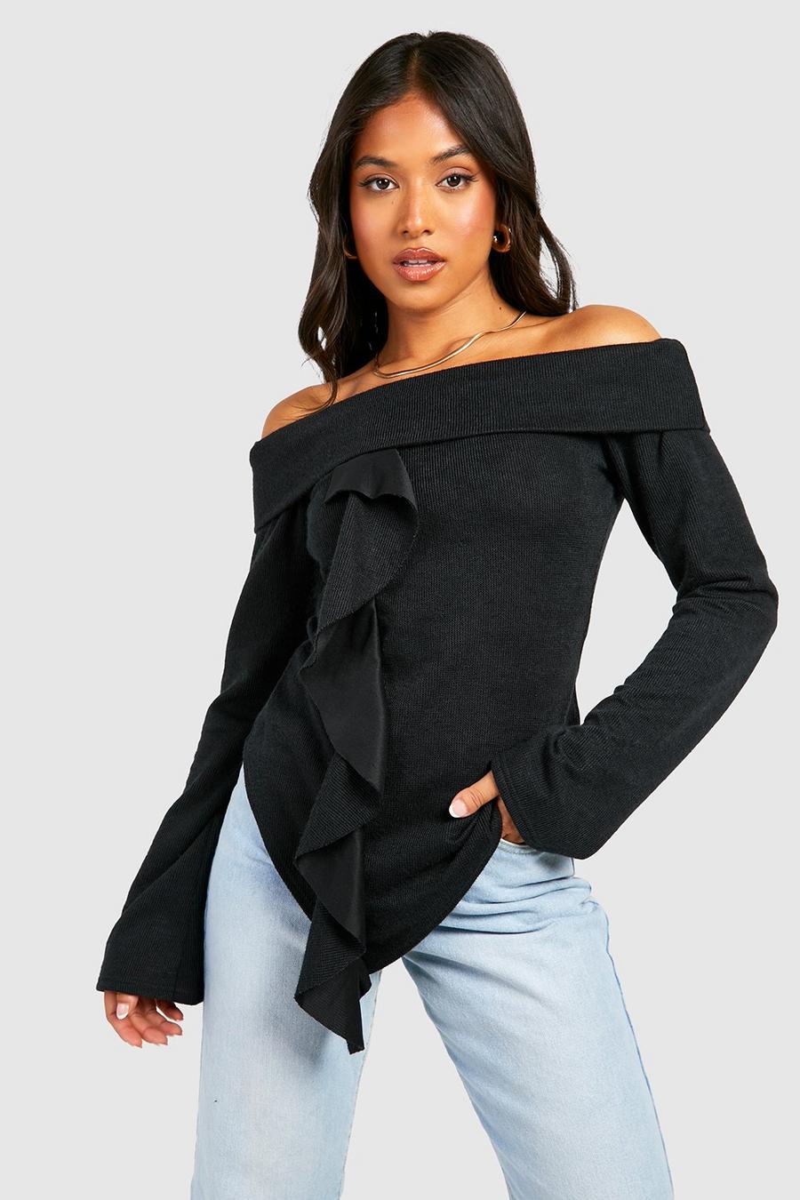 Black Petite Off The Shoulder Ruffle Long Sleeve Top image number 1