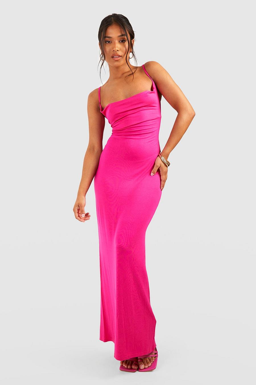Hot pink Petite Långklänning med draperad halsringning image number 1
