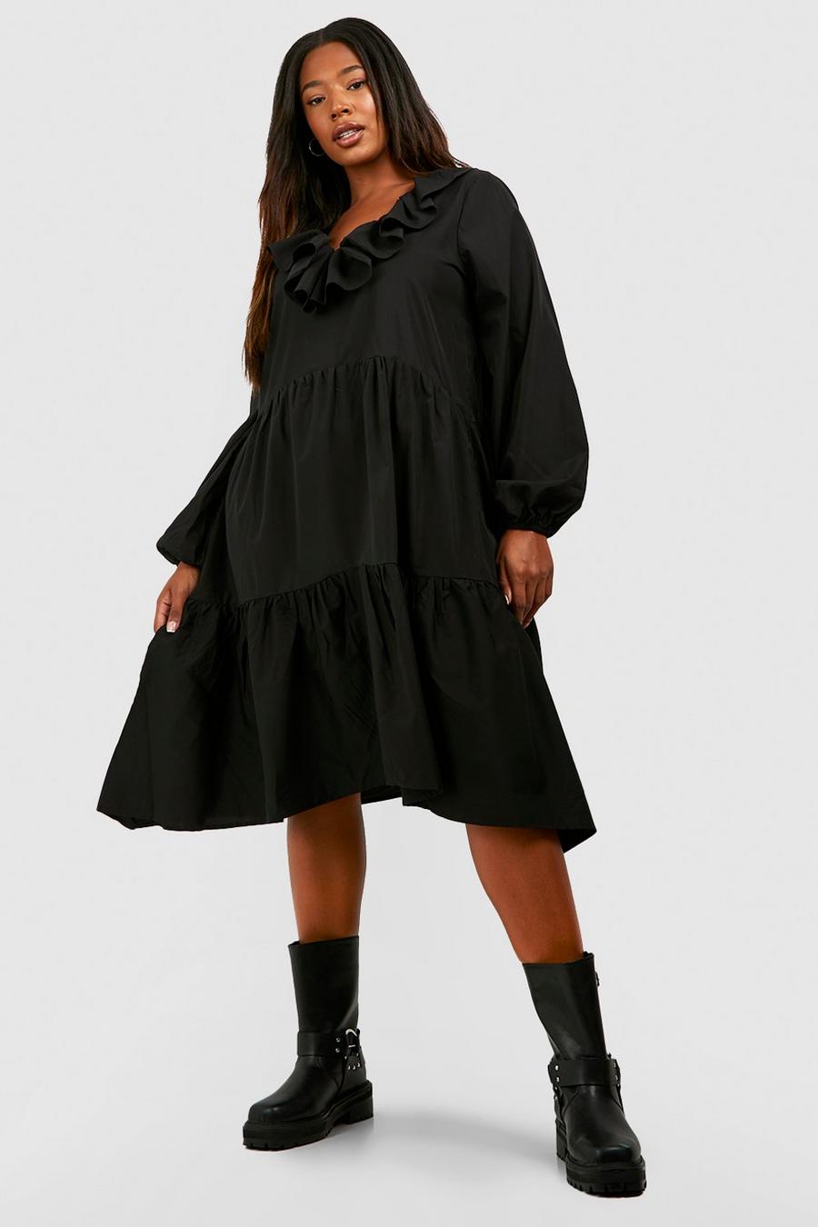Vestito grembiule Plus Size in tessuto con arricciature, Black image number 1