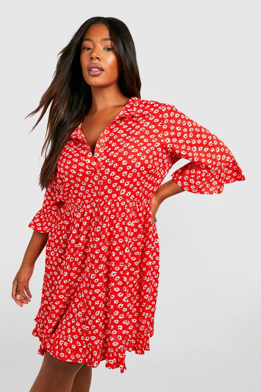 Red Plus Woven Floral Shirt Skater Dress