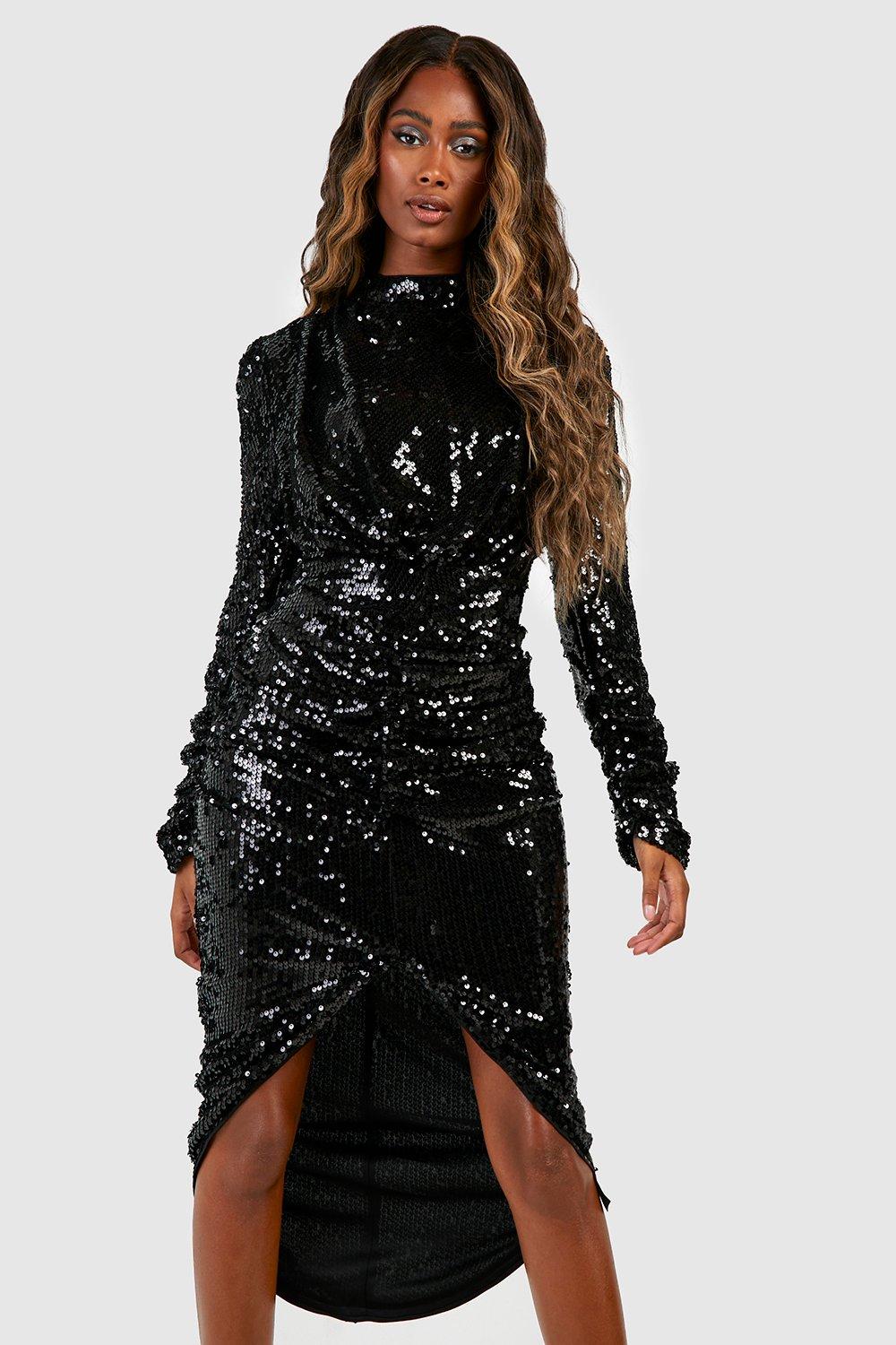 Vestito longuette a collo alto con ruches e paillettes boohoo IT