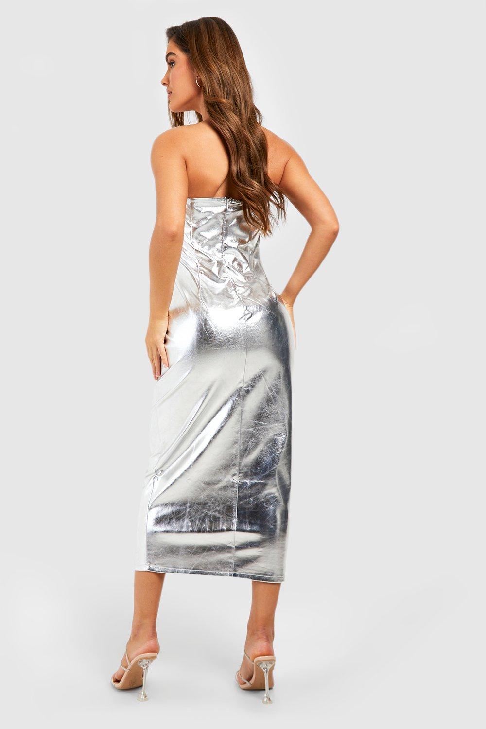 Silver Statement Sequin Bandeau Midi Dress