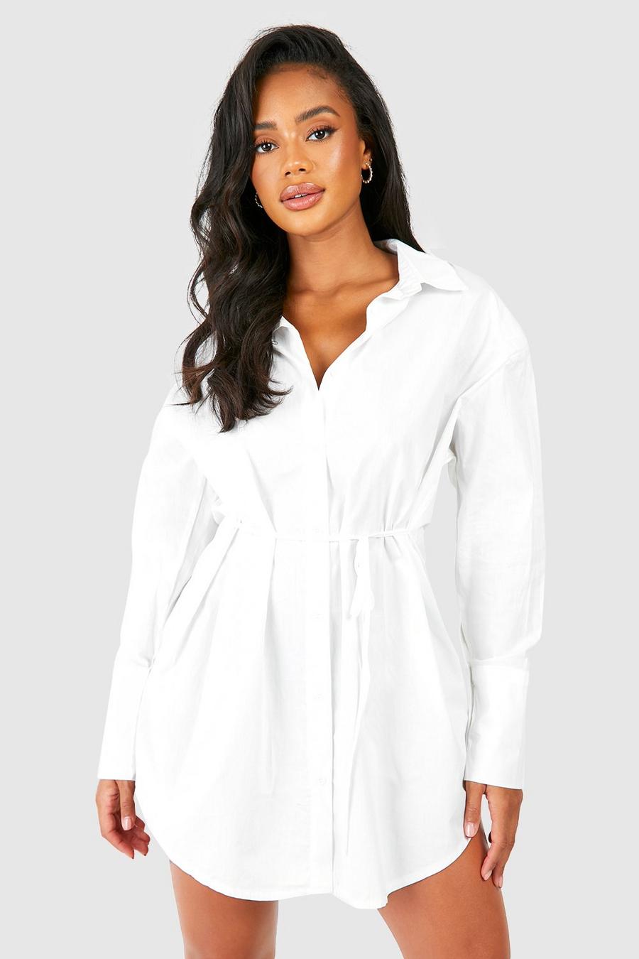 White Cinched Wait Shirt Dress image number 1