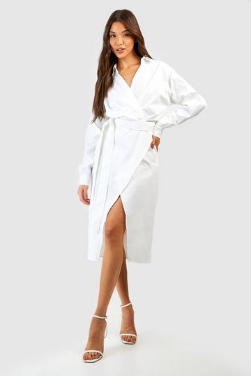 Belted Wrap Midi Shirt Dress white