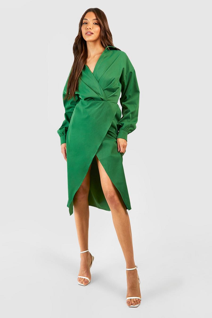 Green Wrap Midi Shirt Dress  image number 1