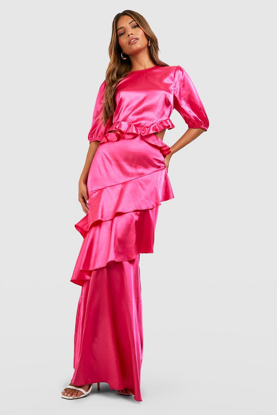 Vestido maxi de raso con volante y abertura, Pink image number 1