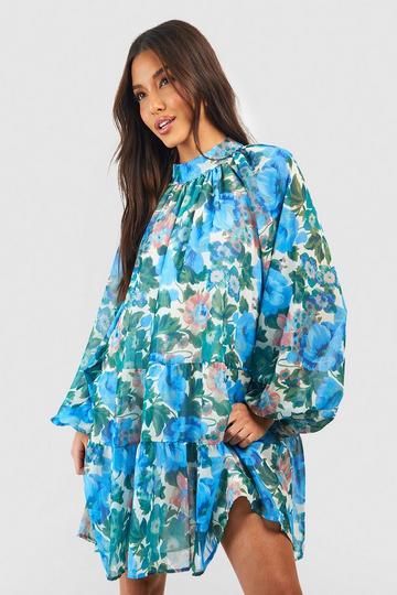 Blue Chiffon Blouson Floral Smock Dress